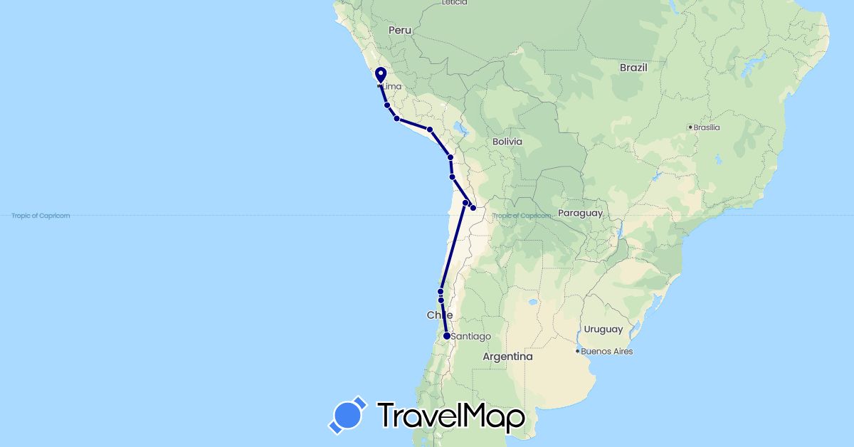 TravelMap itinerary: driving in Chile, Peru (South America)